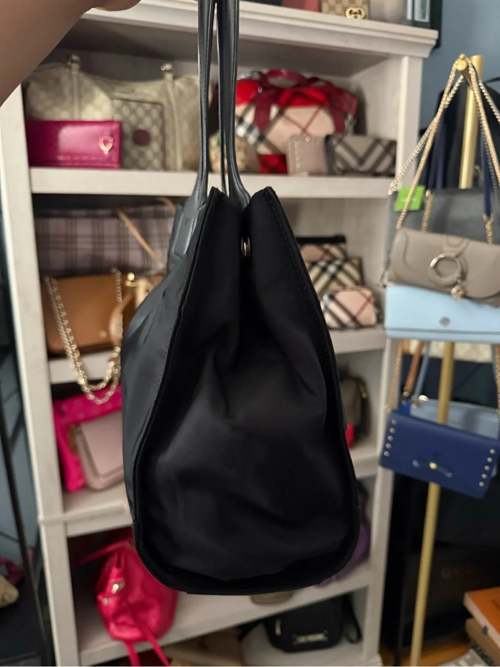 Tory Burch Black Nylon Logo Tote with Leather Trim